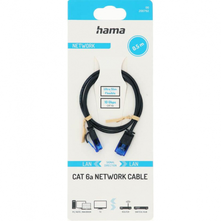 Hama Nätverkskabel CAT6a Slim U/UTP 0,50m Svart Hama Nätverkskabel CAT6a Slim U/UTP 0,50m Svart