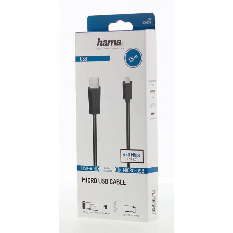Hama Kabel Micro-USB 2.0 480 Mbit/s 1,5m Svart Hama Kabel Micro-USB 2.0 480 Mbit/s 1,5m Svart