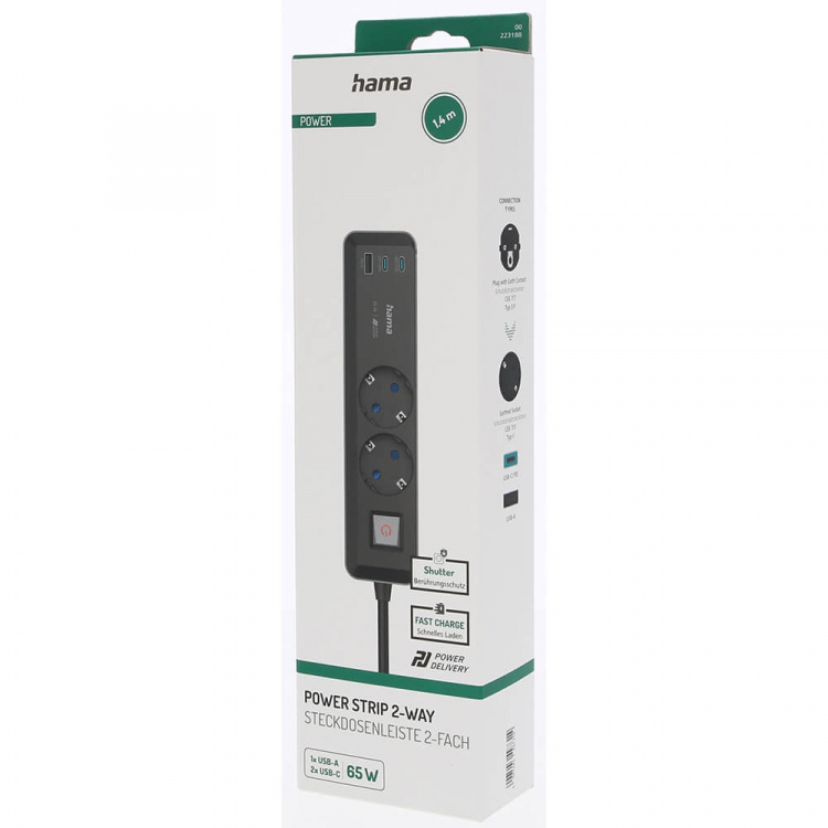 Hama Grenuttag 2-vägs USB-C/A 65W PD 1,4m Svart/Grå