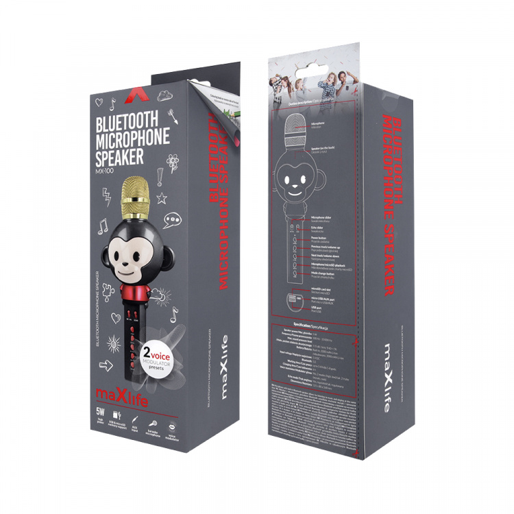 Maxlife Animal MX-100 - Bluetooth Karaoke-mikrofon med inbyggd högtalare, Svart