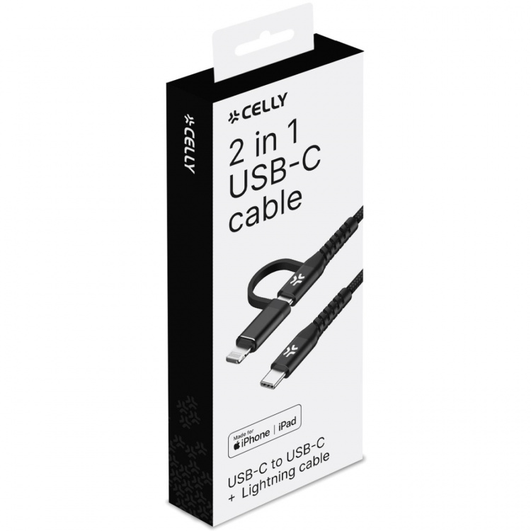 Celly 2-i-1-kabel USB-C - USB-C/Lightning 60W 1m Svart Celly 2-i-1-kabel USB-C - USB-C/Lightning 60W 1m Svart