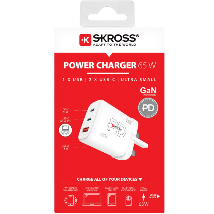 SKROSS Power Charger UK mfl. 2xUSB-C PD + 1xUSB-A GaN 65W