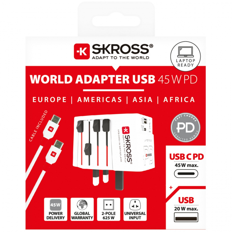 SKROSS Världsreseadapter MUV 1xUSB-C PD 1xUSB-A 45W Ojordad