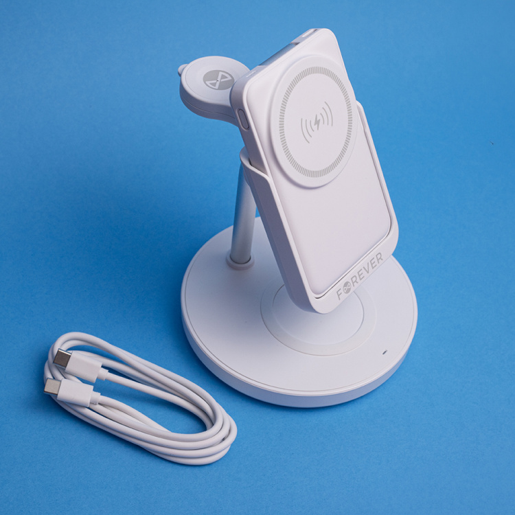 Forever MACS-100 - Trådlös 5i1 Laddstation med portabel Qi-Powerbank 5000mAh, Vit Forever MACS-100 - Trådlös 5i1 Laddstation med portabel Qi-Powerbank 5000mAh, Vit