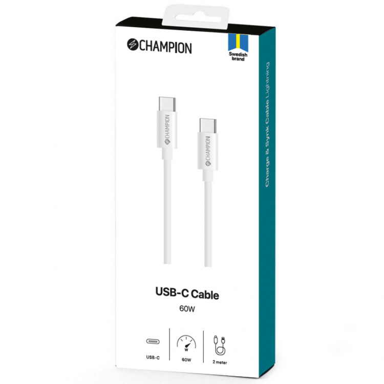 Champion USB-C Kabel 60W 2m Vit Champion USB-C Kabel 60W 2m Vit