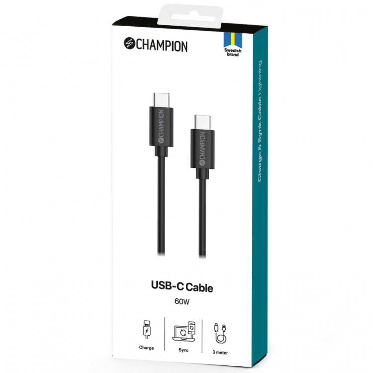 Champion USB-C Kabel 60W 3m Svart