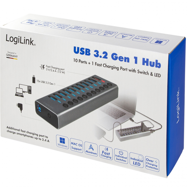 LogiLink USB-hub 10+1-port med separata På/Av-knappar USB 3.2 Gen 1