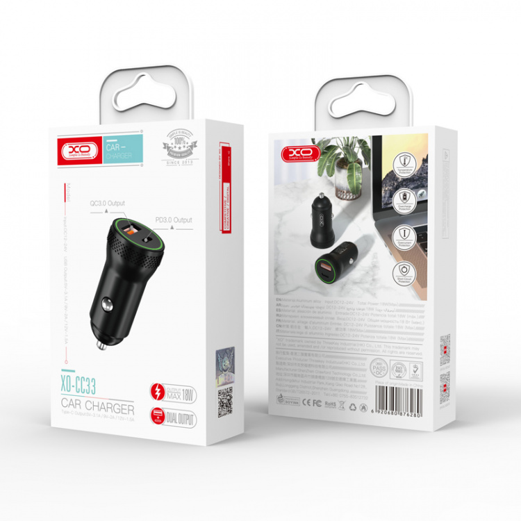 XO CC33 - Billaddare PD QC 3.0, 18W, 1x USB, 1x USB-C, Svart