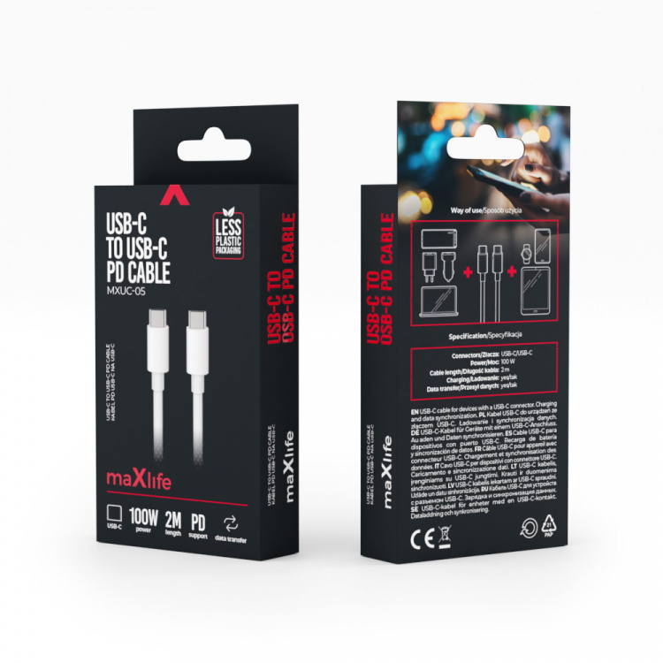 Maxlife MXUC-05 laddkabel USB-C - USB-C 2,0 m 100W, Vit