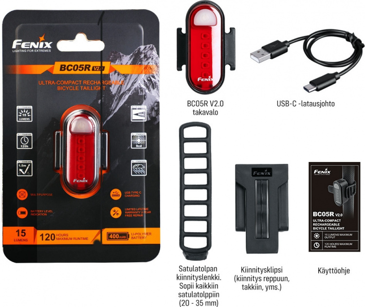 Fenix ​​​​BC05R V2.0 bakljus, 15 lm