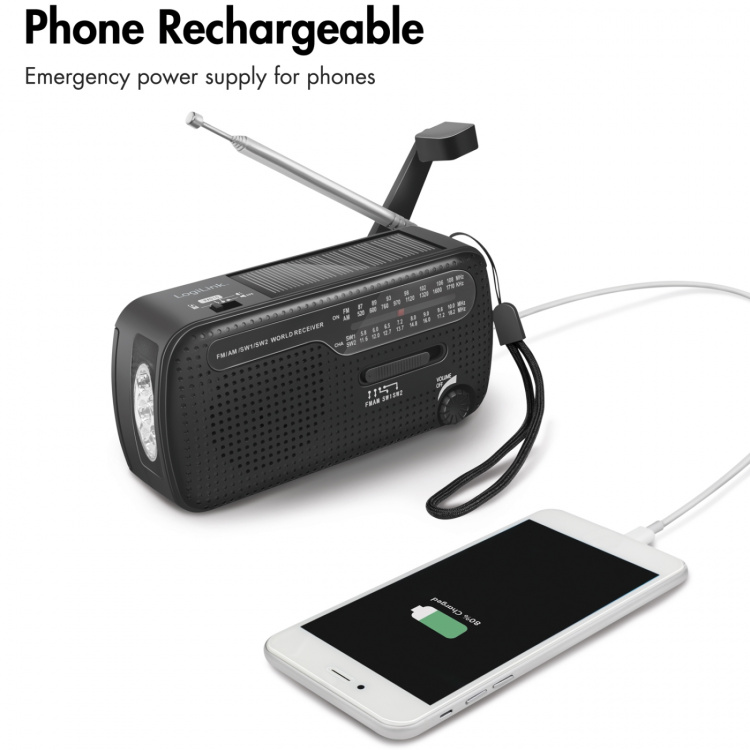 LogiLink Vevradio med ficklampa och solcell Svart