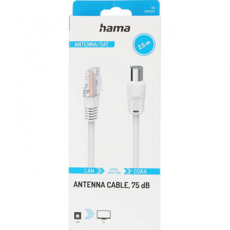 Hama Antennkabel 75dB Koaxialkontakt till RJ45-kontakt Vit 2,5m