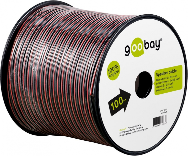 Goobay Högtalarkabel röd;svart CU 100 m spole, tvärsnitt 2 x 0,5 mm²
