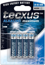 tecxus LR03/AAA (Micro) batteri, 4 st. blister alkaliskt manganbatteri, 1,5 V tecxus LR03/AAA (Micro) batteri, 4 st. blister alkaliskt manganbatteri, 1,5 V
