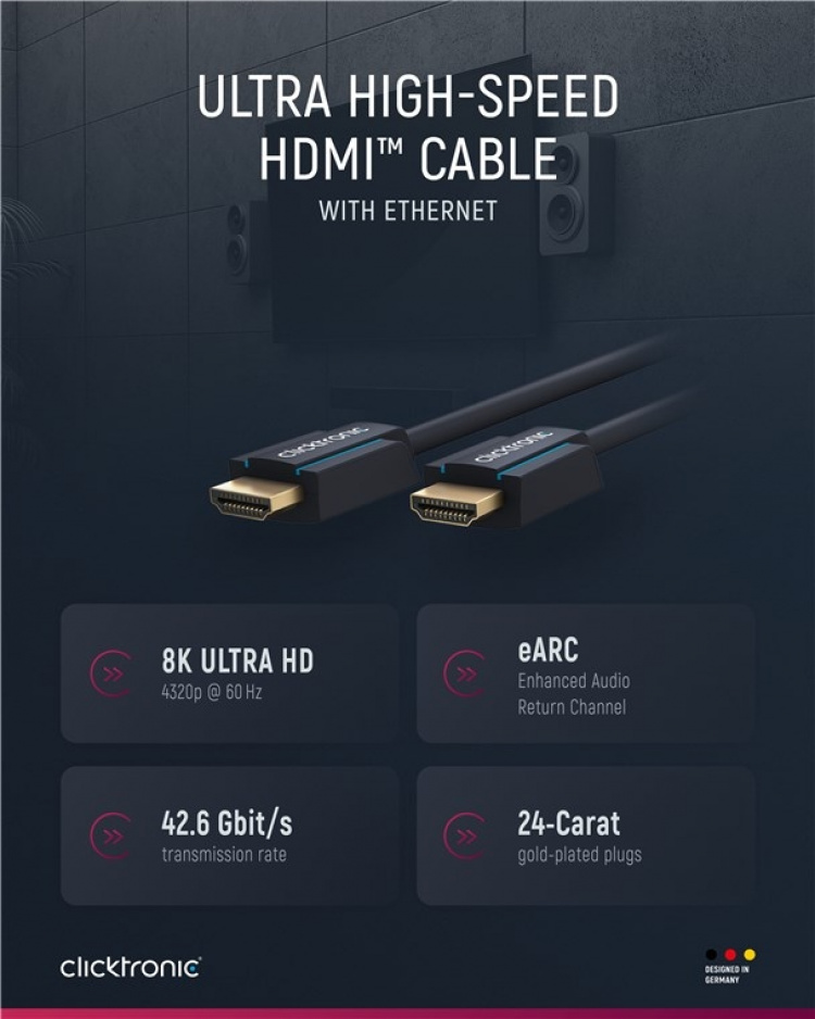 ClickTronic HDMI™-kabel med ultrahög hastighet Premiumkabel | 1x HDMI™-kontakt 1x HDMI™-kontakt | 2,0 m | UHD 8K @ 60 Hz ClickTronic HDMI™-kabel med ultrahög hastighet Premiumkabel | 1x HDMI™-kontakt 1x HDMI™-kontakt | 2,0 m | UHD 8K @ 60 Hz