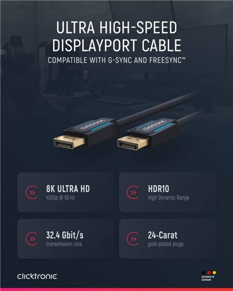 ClickTronic DisplayPort™-kabel Premiumkabel | 1x DisplayPort™-kontakt 1x DisplayPort™-kontakt | 1,0 m | UHD 8K @ 60 Hz ClickTronic DisplayPort™-kabel Premiumkabel | 1x DisplayPort™-kontakt 1x DisplayPort™-kontakt | 1,0 m | UHD 8K @ 60 Hz