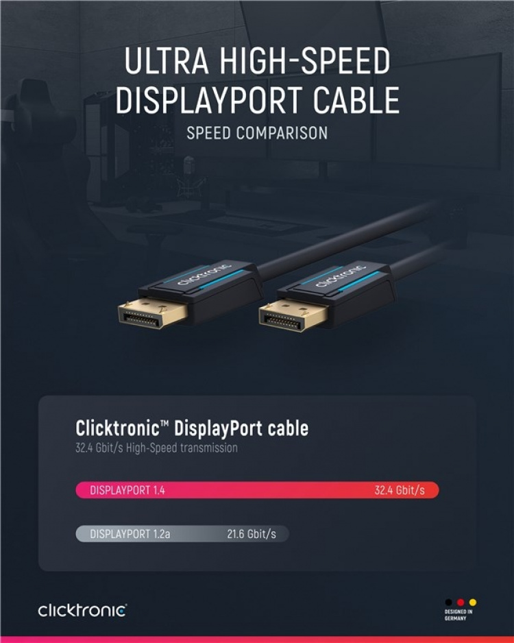 ClickTronic DisplayPort™-kabel Premiumkabel | 1x DisplayPort™-kontakt 1x DisplayPort™-kontakt | 3,0 m | UHD 8K @ 60 Hz ClickTronic DisplayPort™-kabel Premiumkabel | 1x DisplayPort™-kontakt 1x DisplayPort™-kontakt | 3,0 m | UHD 8K @ 60 Hz