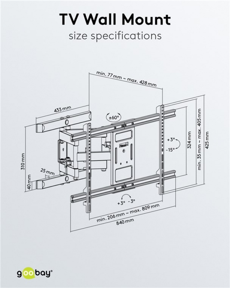 Goobay TV-väggfäste Pro FULLMOTION (XL) för TV-apparater från 43 till 100 tum (109-254 cm), helt mobilt (vridbart och lutat) upp till 60 kg
