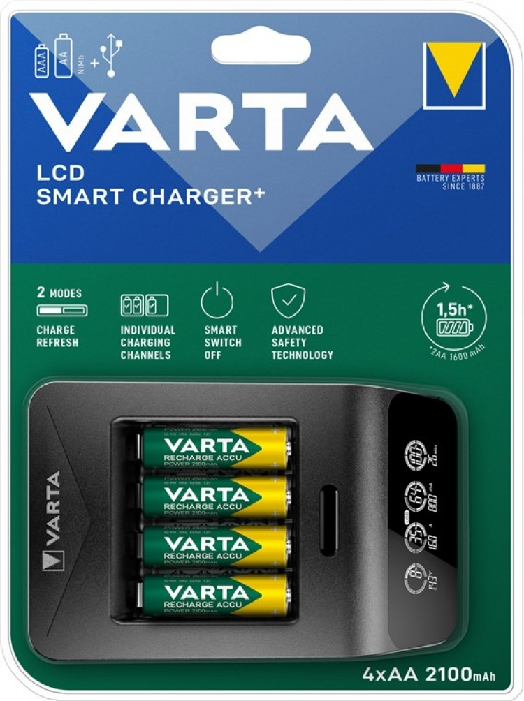 Varta LCD Smart Charger+ (typ 57684) inkl. 4x AA 2100 mAh laddar upp till 4x AA-batterier eller AAA-batterier (NiMH) samtidigt