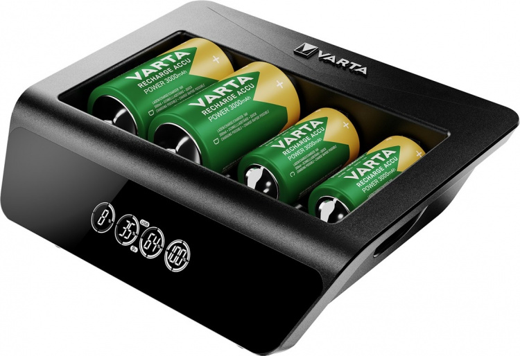 Varta LCD Universal Charger+ (typ 57688) laddar 1x 9 V-batteri eller upp till 4x AA-batterier, AAA-batterier, C- eller D-batterier (NiMH) samtidigt