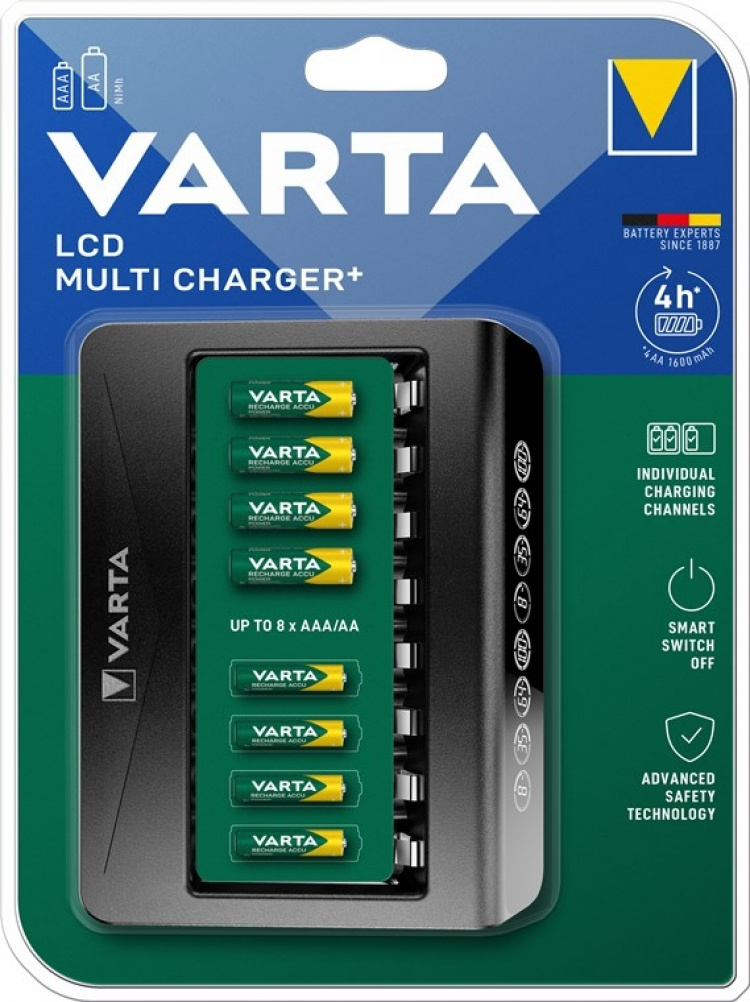 Varta LCD Multi Charger+ (typ 57681) laddar upp till 8x AA- eller AAA-batterier (NiMH) samtidigt Varta LCD Multi Charger+ (typ 57681) laddar upp till 8x AA- eller AAA-batterier (NiMH) samtidigt