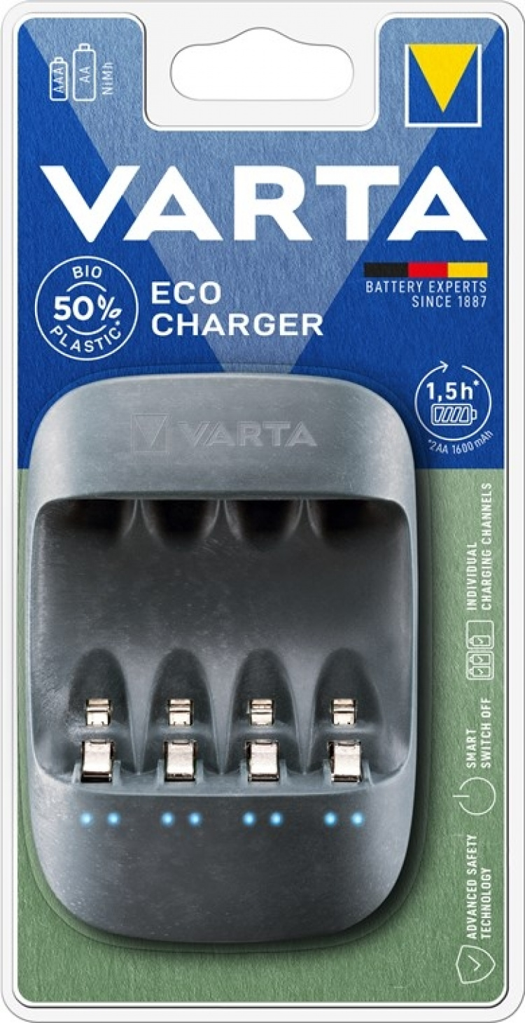 Varta Eco Charger (typ 57680) laddar upp till 4x AA-batterier eller AAA-batterier (NiMH) samtidigt Varta Eco Charger (typ 57680) laddar upp till 4x AA-batterier eller AAA-batterier (NiMH) samtidigt