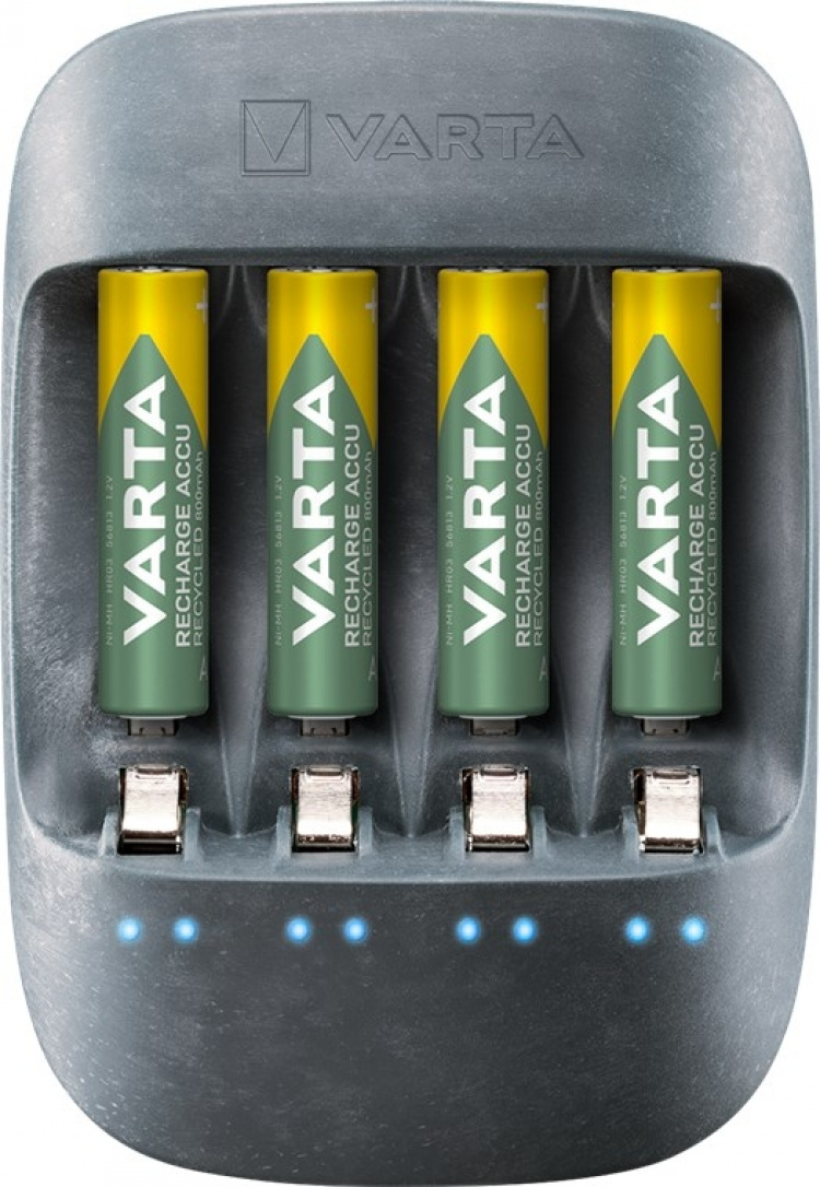 Varta Eco Charger (typ 57680) laddar upp till 4x AA-batterier eller AAA-batterier (NiMH) samtidigt Varta Eco Charger (typ 57680) laddar upp till 4x AA-batterier eller AAA-batterier (NiMH) samtidigt
