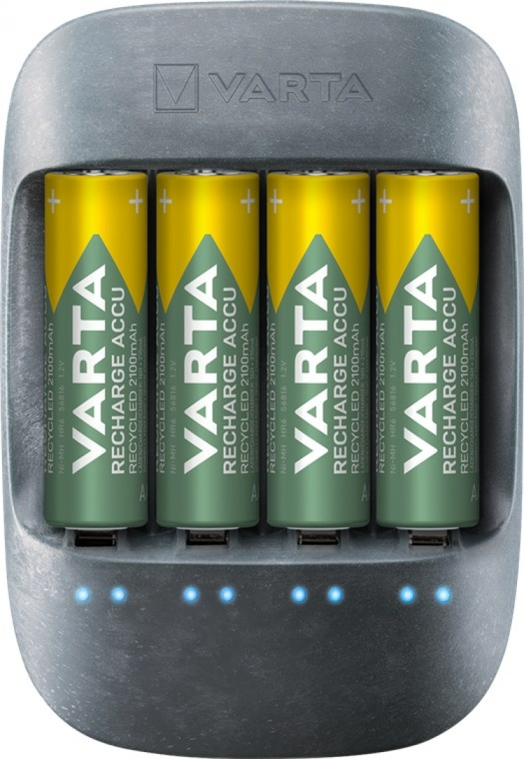 Varta Eco Charger (typ 57680) laddar upp till 4x AA-batterier eller AAA-batterier (NiMH) samtidigt Varta Eco Charger (typ 57680) laddar upp till 4x AA-batterier eller AAA-batterier (NiMH) samtidigt