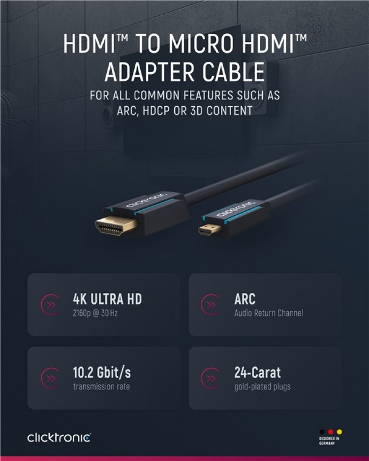 ClickTronic HDMI™ till Micro HDMI™-adapterkabel Premiumkabel | 1x HDMI™-kontakt 1x Micro-HDMI™-kontakt | 2,0 m | UHD 4K @ 30 Hz