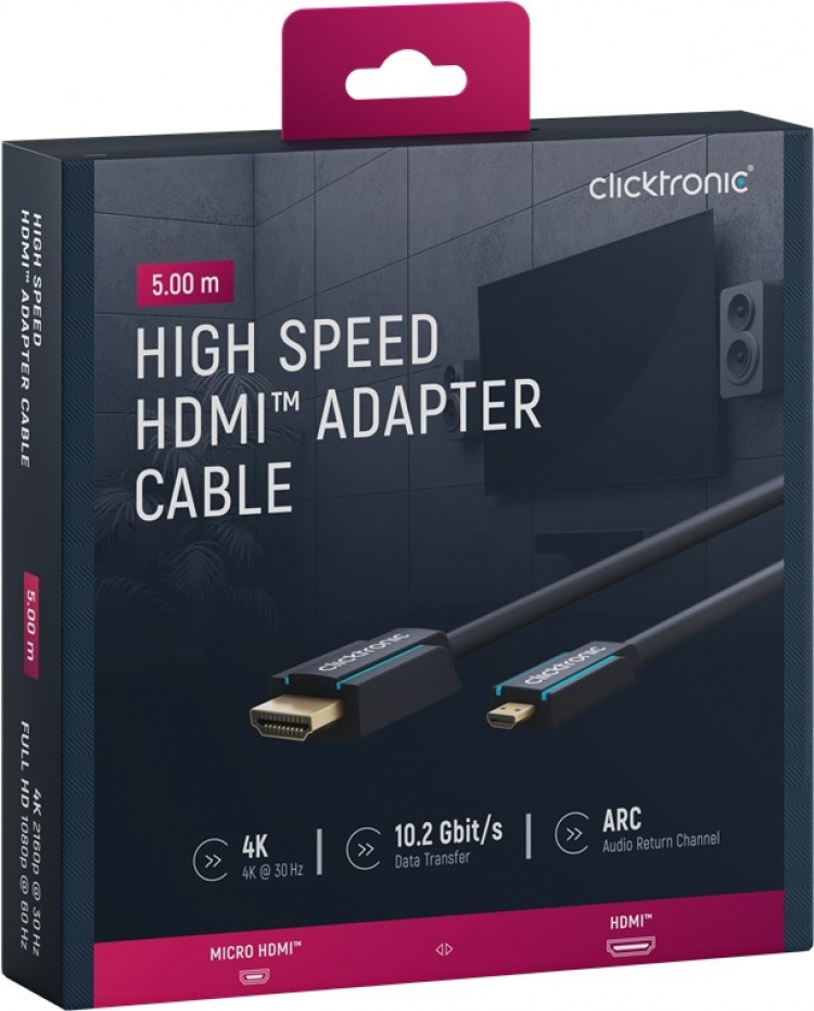 ClickTronic HDMI™ till Micro HDMI™-adapterkabel Premiumkabel | 1x HDMI™-kontakt 1x Micro-HDMI™-kontakt | 5,0 m | UHD 4K @ 30 Hz