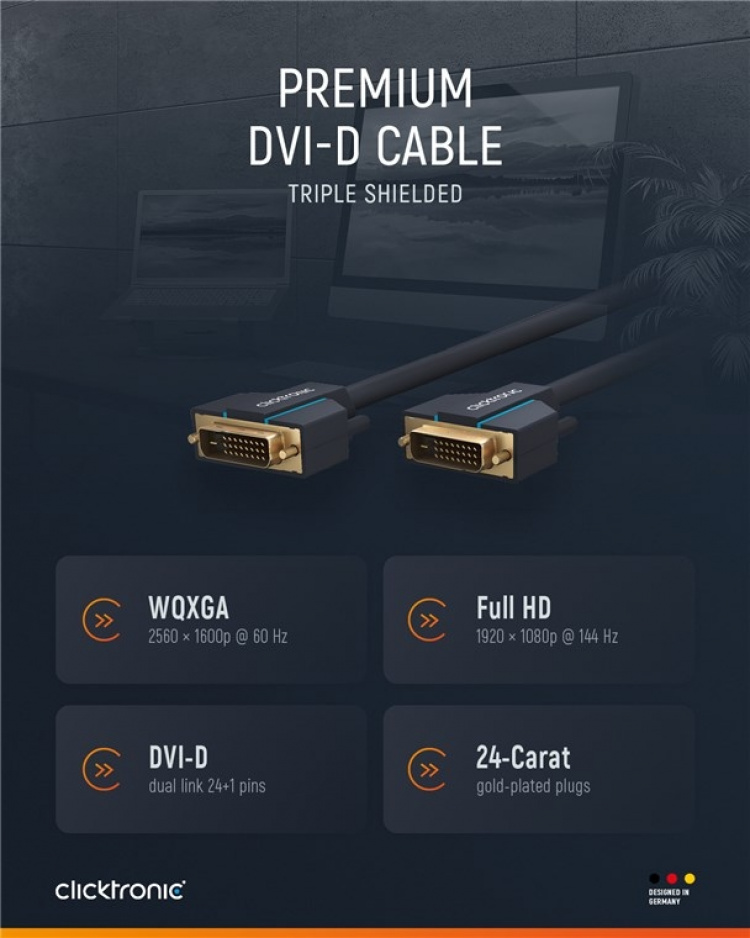 ClickTronic DVI-kabel Premiumkabel | 1x DVI-kontakt 1x DVI-kontakt | 2,0 m | WQXGA @ 60 Hz ClickTronic DVI-kabel Premiumkabel | 1x DVI-kontakt 1x DVI-kontakt | 2,0 m | WQXGA @ 60 Hz