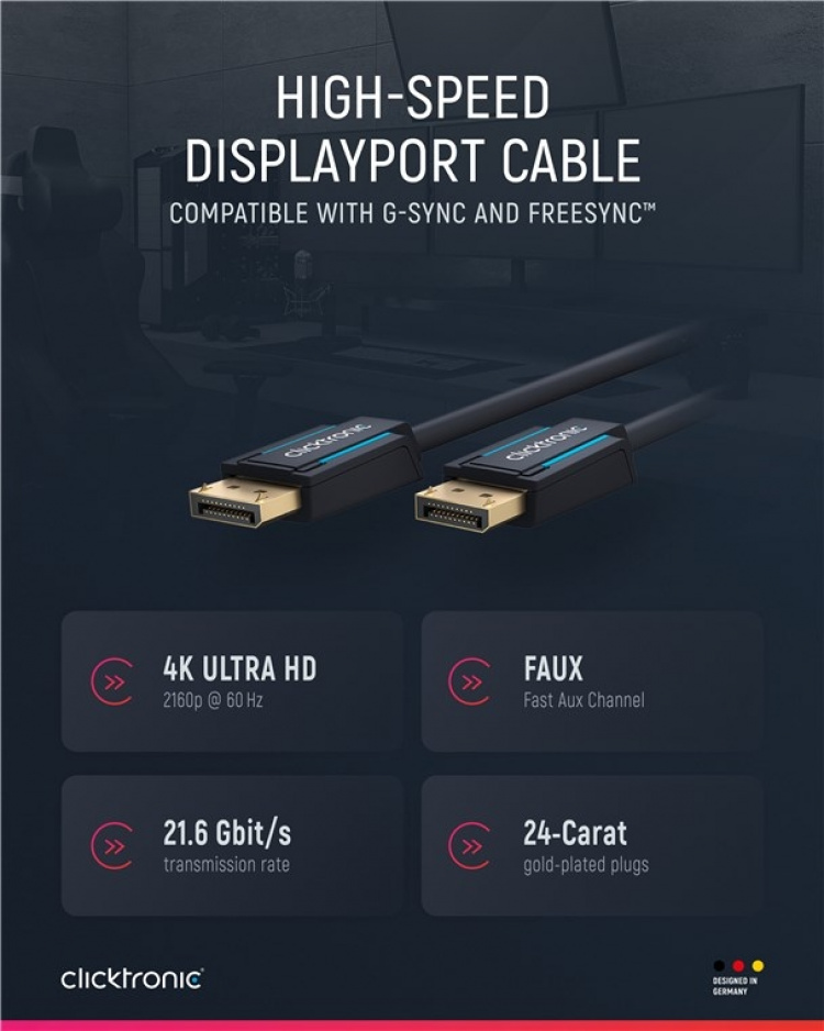 ClickTronic DisplayPort™-kabel Premiumkabel | 1x DisplayPort™-kontakt 1x DisplayPort™-kontakt | 2,0 m | UHD 4K @ 60 Hz ClickTronic DisplayPort™-kabel Premiumkabel | 1x DisplayPort™-kontakt 1x DisplayPort™-kontakt | 2,0 m | UHD 4K @ 60 Hz