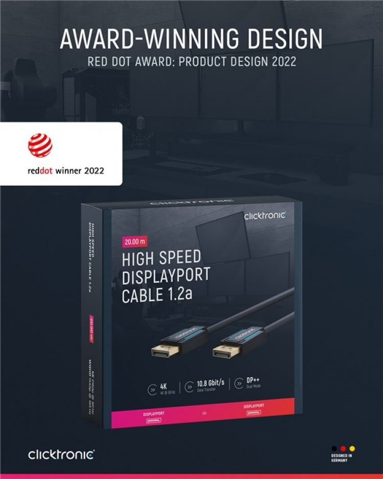 ClickTronic DisplayPort™-kabel Premiumkabel | 1x DisplayPort™-kontakt 1x DisplayPort™-kontakt | 20,0 m | UHD 4K @ 60 Hz ClickTronic DisplayPort™-kabel Premiumkabel | 1x DisplayPort™-kontakt 1x DisplayPort™-kontakt | 20,0 m | UHD 4K @ 60 Hz