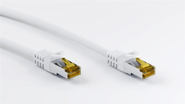 Goobay RJ45 patchkabel S/FTP (PiMF), 500 MHz, med CAT 7 råkabel, vit, 2 m LSZH halogenfri kabelhölje, koppar, RJ45-kontakt (CAT 6A)