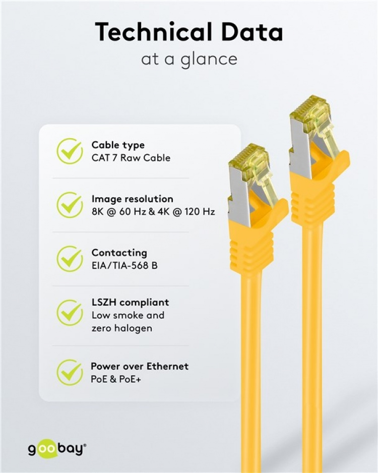 Goobay RJ45 patchkabel S/FTP (PiMF), 500 MHz, med CAT 7 råkabel, gul, 1,5 m LSZH halogenfri kabelhölje, koppar, RJ45-kontakt (CAT 6A) Goobay RJ45 patchkabel S/FTP (PiMF), 500 MHz, med CAT 7 råkabel, gul, 1,5 m LSZH halogenfri kabelhölje, koppar, RJ45-kontakt (CAT 6A)
