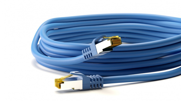 Goobay RJ45 patchkabel S/FTP (PiMF), 500 MHz, med CAT 7 råkabel, blå, 5 m LSZH halogenfri kabelhölje, koppar, RJ45-kontakt (CAT 6A)
