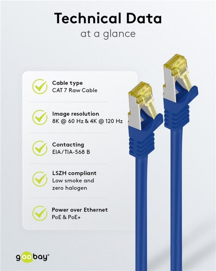 Goobay RJ45 patchkabel S/FTP (PiMF), 500 MHz, med CAT 7 råkabel, blå, 5 m LSZH halogenfri kabelhölje, koppar, RJ45-kontakt (CAT 6A)