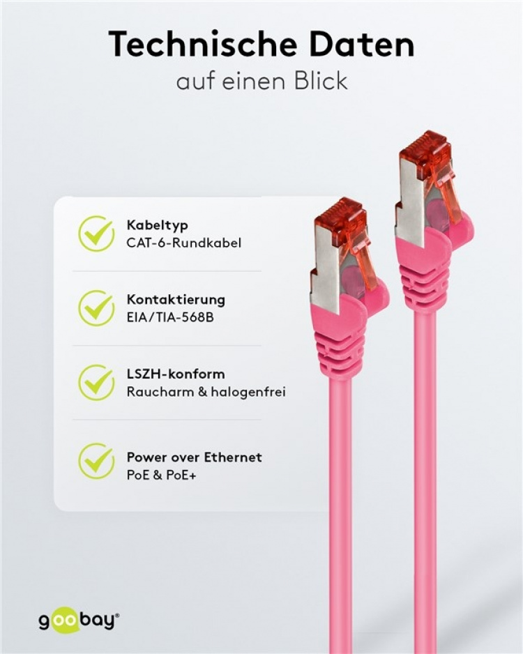 Goobay Patchkabel CAT 6, S/FTP (PiMF), magenta, 0,15 m kopparledare (CU), halogenfri kabelhölje (LSZH)