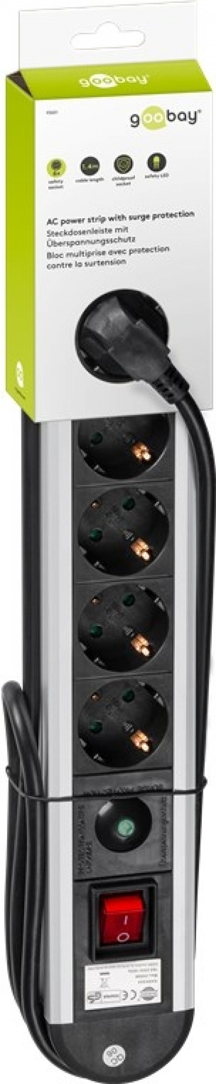 Goobay Grenuttag med överspänningsskydd, 6 uttag, 1,4m 6 jordat grenuttag med brytare