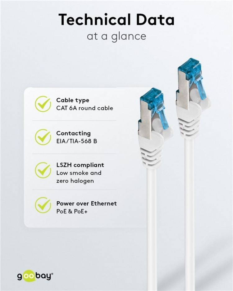 Goobay Patchkabel CAT 6A, S/FTP (PiMF), vit, 1 m opparledare (CU), halogenfri kabelhölje (LSZH) Goobay Patchkabel CAT 6A, S/FTP (PiMF), vit, 1 m opparledare (CU), halogenfri kabelhölje (LSZH)