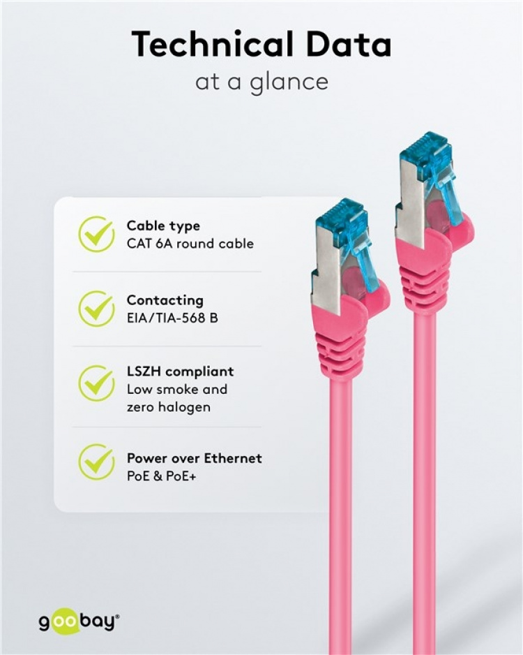Goobay Patchkabel CAT 6A, S/FTP (PiMF), magenta, 0,25 m opparledare (CU), halogenfri kabelhölje (LSZH) Goobay Patchkabel CAT 6A, S/FTP (PiMF), magenta, 0,25 m opparledare (CU), halogenfri kabelhölje (LSZH)