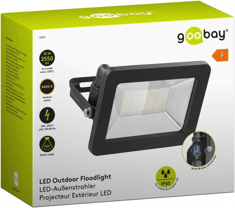 Goobay LED-strålkastare för utomhusbruk, 30 W med 2550 lm, neutralt vitt ljus (4000 K) och M16 kabelgenomföring, lämplig för utomhusbruk (IP65)