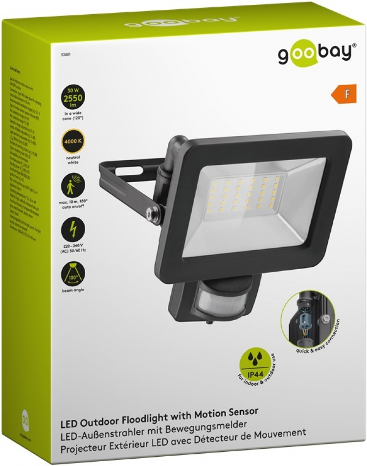 Goobay LED-strålkastare för utomhusbruk, 30 W, med rörelsedetektor med 2550 lm, neutralt vitt ljus (4000 K), PIR-sensor med ON/OFF-funktion och M16 kabelgenomföring, lämplig för utomhusbruk (IP44)