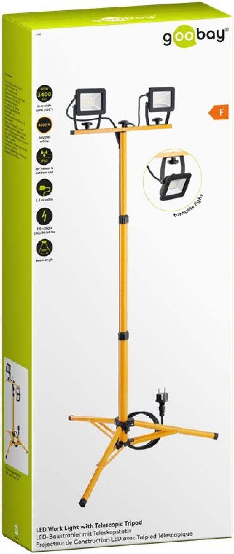 Goobay LED-konstruktionsstrålkastare med teleskopisk stativ, 2x 20 W med totalt 3400 lm och neutralt vitt ljus (4000 K), lämpligt för inomhus- och utomhusbruk (IP65) Goobay LED-konstruktionsstrålkastare med teleskopisk stativ, 2x 20 W med totalt 3400 lm och neutralt vitt ljus (4000 K), lämpligt för inomhus- och utomhusbruk (IP65)