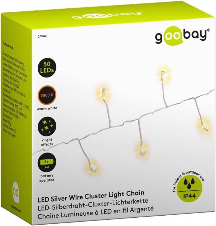 Goobay 50er LED silver wire cluster ljuskedja med 2 ljuslägen, varmvitt (3000 K), batteridrift, för inomhus och utomhusbruk (IP44) Goobay 50er LED silver wire cluster ljuskedja med 2 ljuslägen, varmvitt (3000 K), batteridrift, för inomhus och utomhusbruk (IP44)