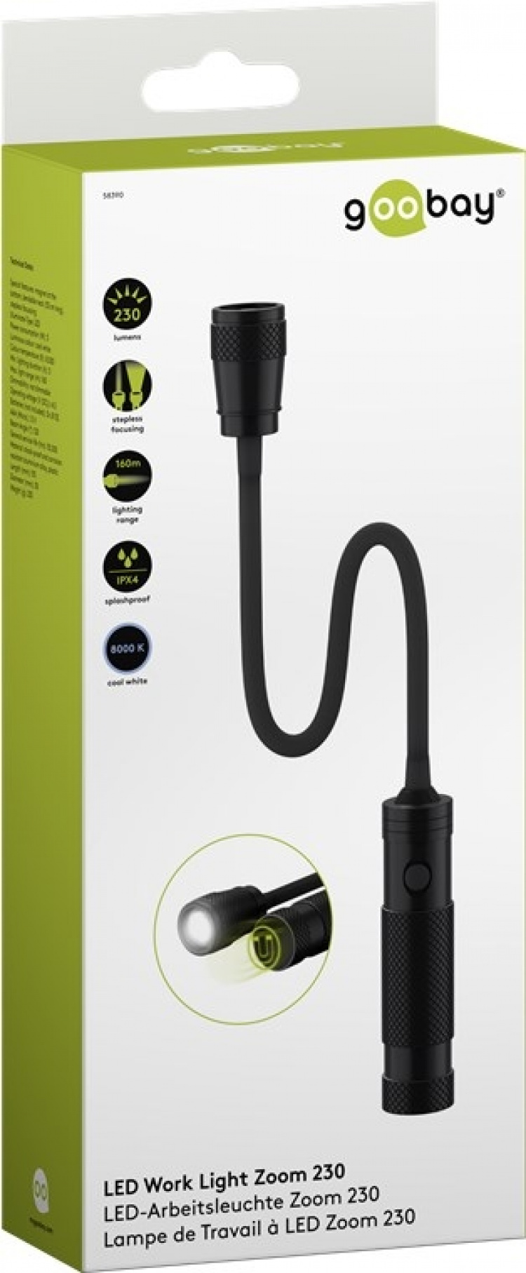 Goobay LED-arbetslampa Zoom 230 med 230 lm och kallt vitt ljus (8000 K), perfekt för arbete, fritid och i bilen