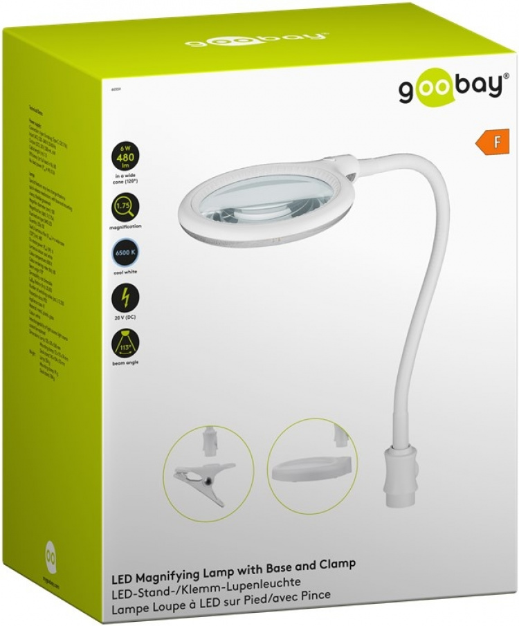 Goobay LED-förstoringslampa med stativ/klämma, 6 W, vit 480 lm, 100 mm glaslins, 1,75x förstoring, 3 dioptrier
