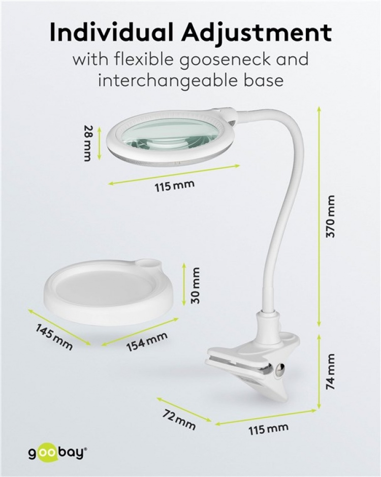 Goobay LED-förstoringslampa med stativ/klämma, 6 W, vit 480 lm, 100 mm glaslins, 1,75x förstoring, 3 dioptrier