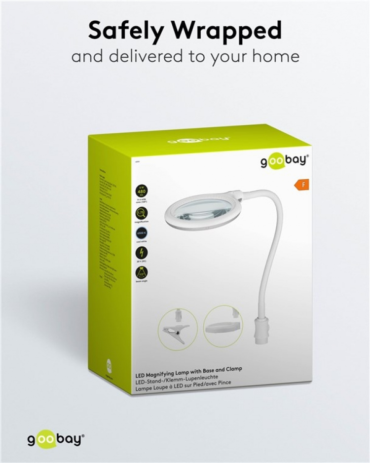 Goobay LED-förstoringslampa med stativ/klämma, 6 W, vit 480 lm, 100 mm glaslins, 1,75x förstoring, 3 dioptrier