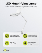 Goobay LED-förstoringslampa med klämma, 8 W, vit 650 lm, 127 mm kristallglaslins, 1,75x förstoring, 3 dioptrier